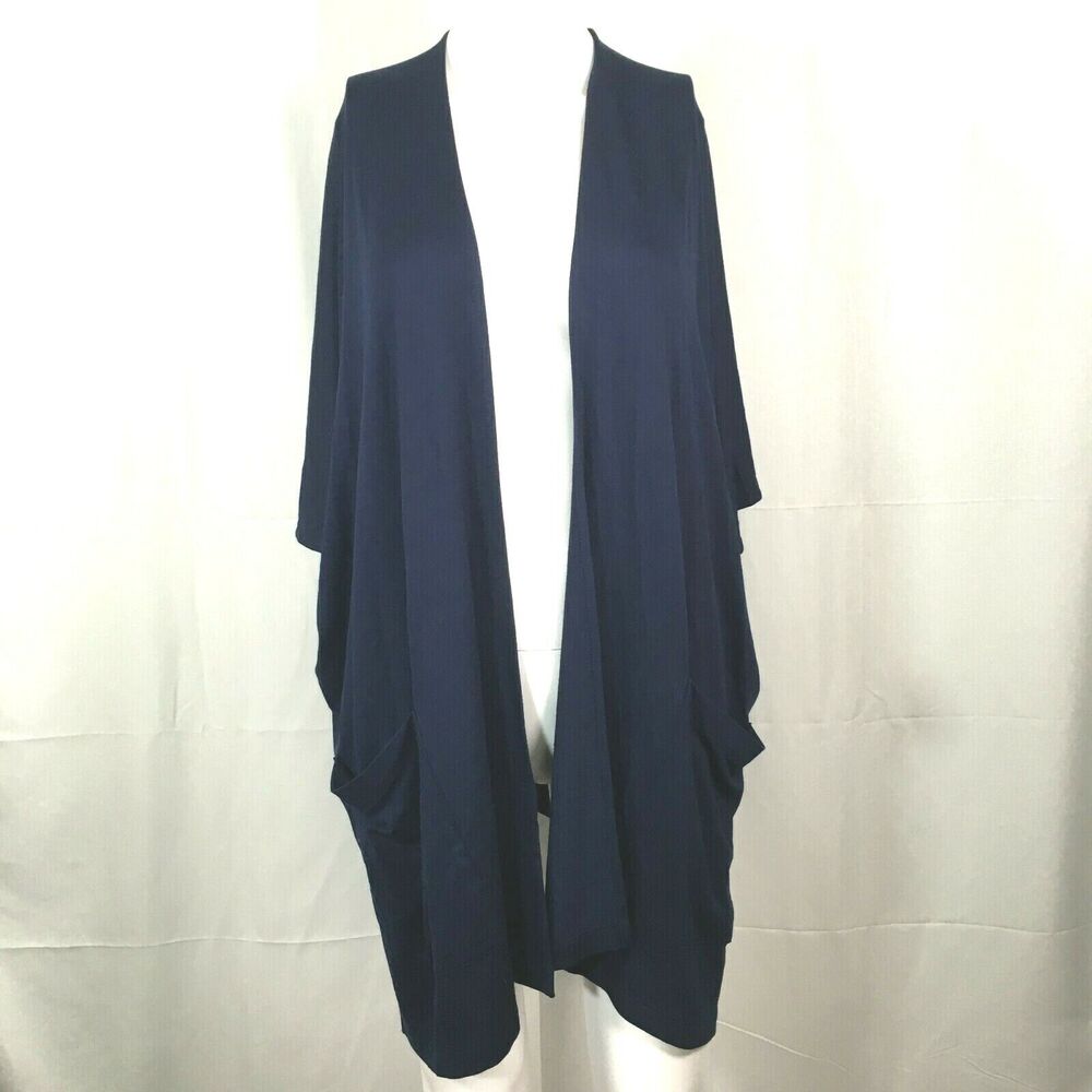 Susan Graver Cardigan Womens Sz S Navy Blue Knit Open Front Flowy Cape Sweater